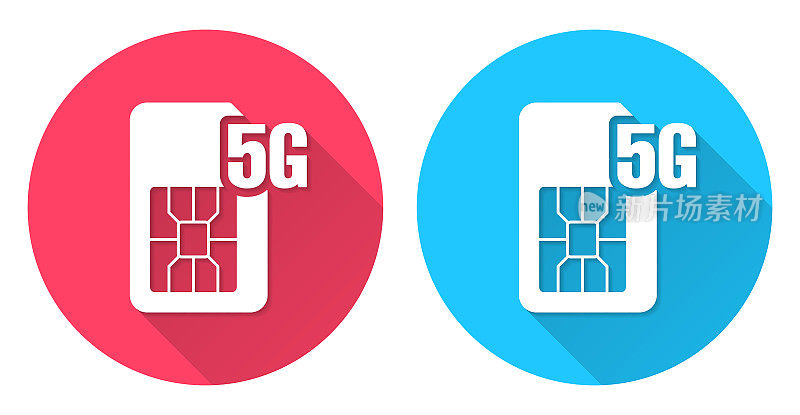 5G SIM卡。圆形图标与长阴影在红色或蓝色的背景